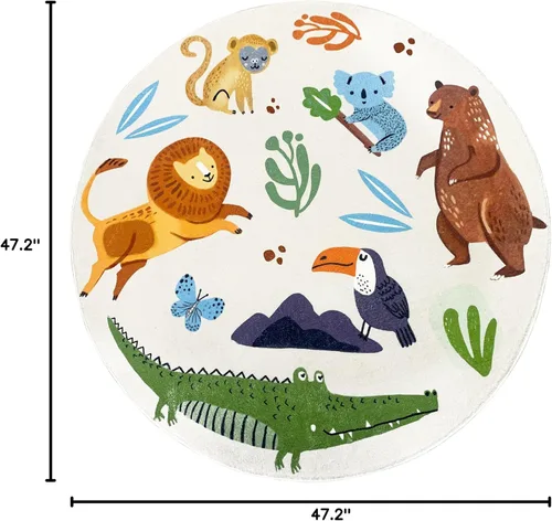 Vista 2 de Alfombra de juego para niños, alfombra circular de animales de 4 pies, alfombra redonda de zoológico para dormitorio, para niños y niñas, decoración