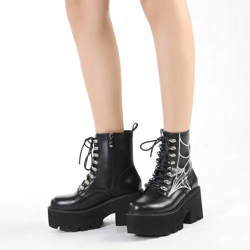 Vista 5 de mikarka Botas de plataforma de cadena para mujer, con cordones y cremallera, tacón grueso, botines de combate negros, botas de motocicleta