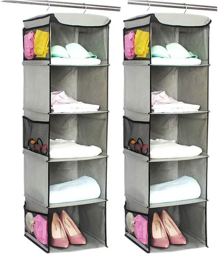 Vista 16 de BrilliantJo Organizador colgante de armario con 5 estantes, paquete de 2 unidades de almacenamiento colgante con 6 bolsillos laterales para ropa