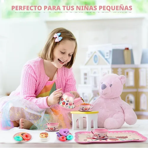 Vista 6 de Juego de fiesta de té para niñas pequeñas, juegos de té de flores, juguetes para niñas de 3, 4, 5, 6 años, juguetes de cocina para niños pequeños