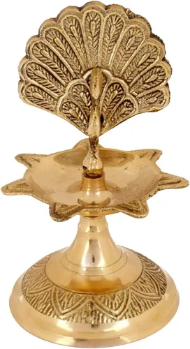 Vista 7 de SATVIK - Lámpara de aceite tradicional de latón virgen puro de 4 pulgadas, pavo real, kerala, samai, puja diya, lámpara de aceite tradicional