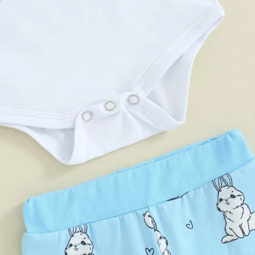 Vista 4 de Lamuusaa Traje de Pascua para recién nacido, niño y niña, mameluco de manga corta, estampado de conejo, pantalones largos, sombrero, 3 piezas