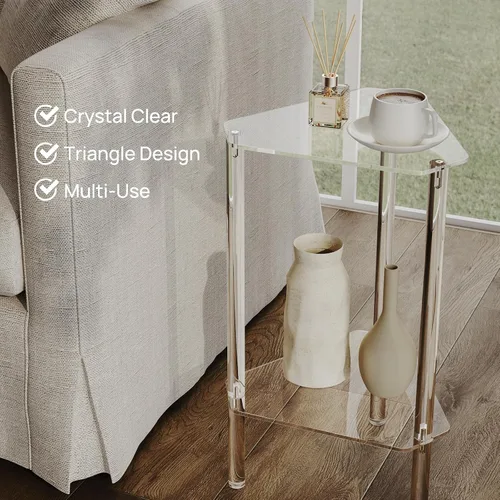 Vista 6 de HMYHUM Mesa auxiliar triangular de acrílico transparente, mesa auxiliar de esquina para espacios pequeños, mesa decorativa pequeña para sala