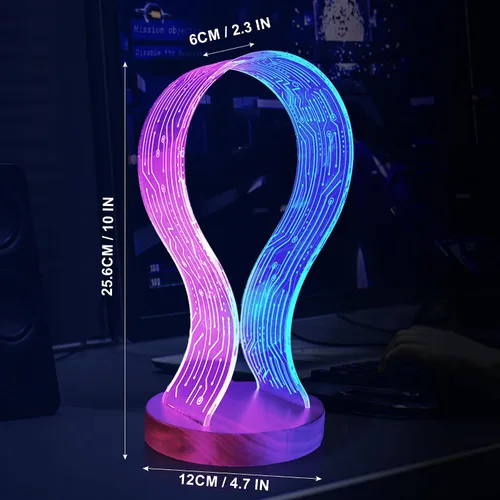 Vista 6 de Lampeez Soporte para auriculares con luz nocturna LED azul y rosa, madera de nogal para jugadores, amantes de la música, idea de regalo