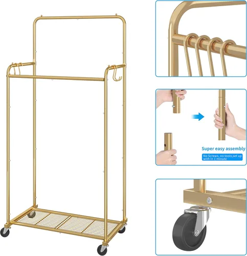 Vista 3 de Simple Trending - Perchero para ropa de doble varilla, estante resistente con ruedas para colgar ropa, con 4 ganchos, color dorado