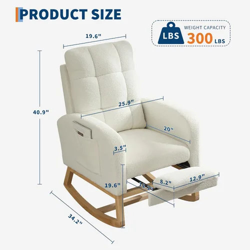 Vista 2 de Garvee Silla mecedora moderna para guardería, cómoda silla mecedora con bolsillo lateral y reposapiés, respaldo alto reclinable para sala