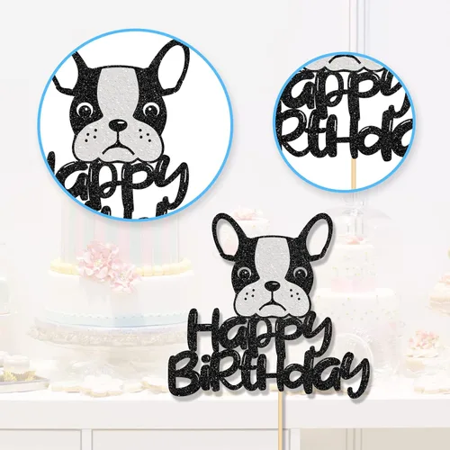 Vista 3 de Decoración para tartas de bulldog francés de feliz cumpleaños, decoración de pastel de baby shower, suministros para fiesta de cumpleaños