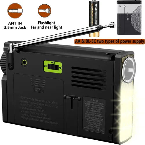 Vista 3 de Radio de onda corta AIR/VHF/AM/FM/SW/Transistor de bandas meteorológicas con linterna, retroiluminación de tecla, registro digital, reloj