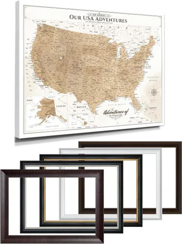 Vista 51 de IPIC - Lienzo con mapas de EE. UU. para decoración de pared, mapa con pin de empuje para marcar viajes, mapa de viaje impreso de EE. UU.