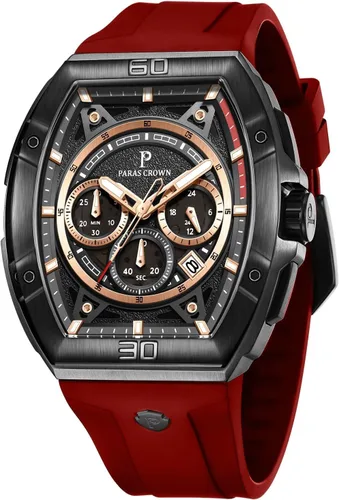 Vista 12 de Paras Crown Watches for Men Tonneau 5ATM Waterproof Quartz Luxury Chronograph Analog Men's Wrist Watches Stainless Steel Case Mens Watches Negro