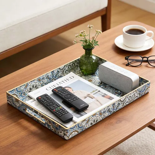 Vista 5 de Bandeja grande para servir con asas, bandeja rectangular de plástico para servir, bandejas otomanas azules bohemias para sala de estar, bandeja