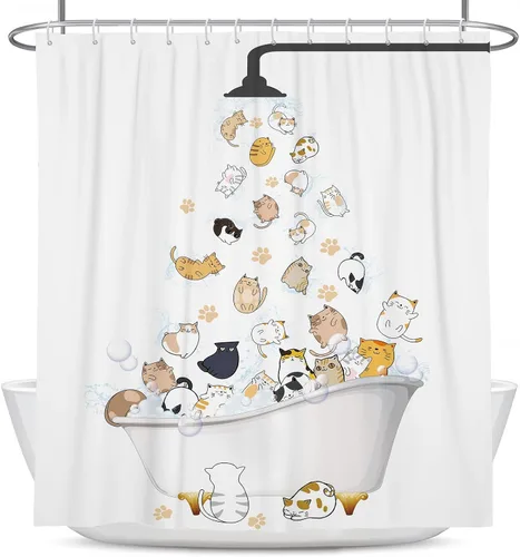Vista 5 de Coxila Divertida cortina de ducha de gatos para niños, linda y divertida caricatura, Kawaii con estampado de patas de animales, colorida, divertida