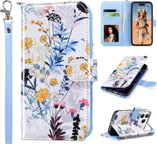 Vista 20 de ULAK Funda tipo cartera compatible con iPhone 15 Pro con tarjetero y diseño de flores, para mujeres y niñas, piel sintética, con función atril
