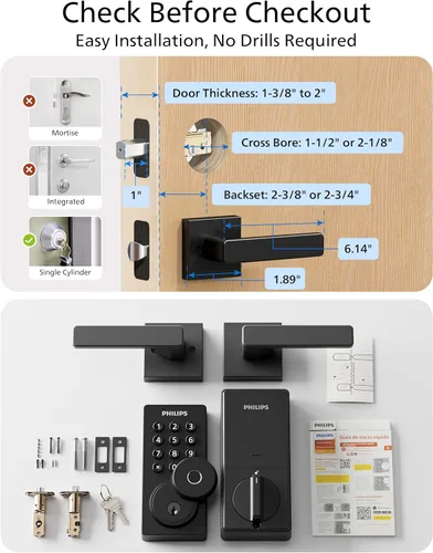 Vista 9 de Cerradura de puerta con teclado WiFi Philips con asa, WiFi incorporado, control remoto por APP, desbloqueo por voz y huellas dactilares, cerraduras