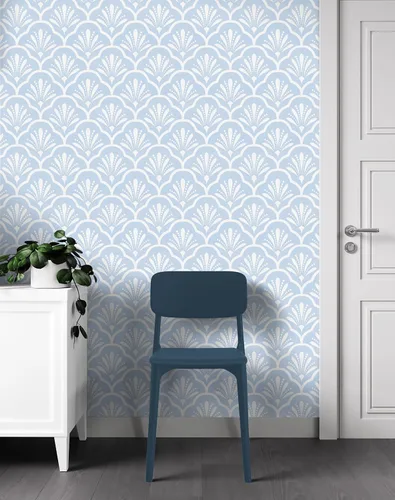 Vista 7 de Guvana Papel tapiz geométrico de 17.32 x 118 pulgadas, papel tapiz azul para despegar y pegar, papel de contacto de enrejado azul y blanco, papel
