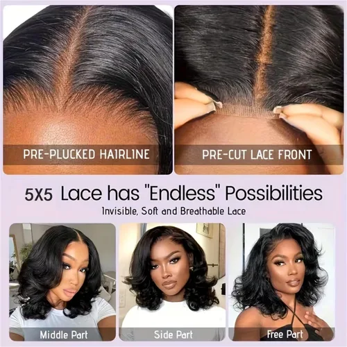 Vista 2 de Peluca de cabello humano ondulado con encaje frontal HD de 5 x 5 para mujeres negras, sin pegamento