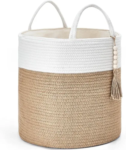 Vista 9 de Mkono - Canasta de almacenamiento tejida, canasta decorativa de cuerda natural con cuentas de madera para mantas, juguetes, ropa, zapatos y plantas