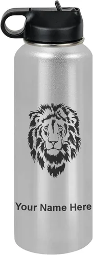 Vista 13 de LaserGram Botella de agua personalizada, cabeza de león, acero inoxidable de doble pared aislada al vacío con popote superior, regalo grabado