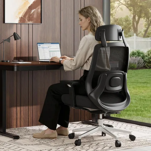 Vista 2 de FLEXISPOT Silla de oficina de masaje, silla de escritorio ergonómica con respaldo alto con reposacabezas ajustable, reposabrazos 3D, masajeador