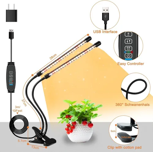 Vista 6 de SDOVUERC Luces de cultivo de 4 cabezales para plantas de interior, lámparas LED de espectro completo con clips y cables de 120 pulgadas para cultivo