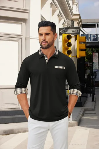 Vista 2 de COOFANDY Polo de manga larga para hombre, estilo casual, con botones, a cuadros, cuello de golg, con bolsillo
