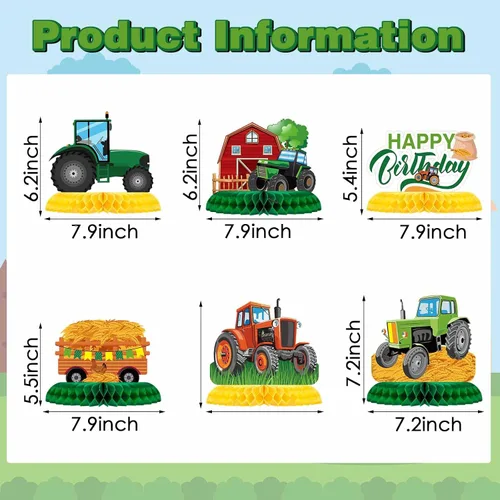 Vista 2 de Zonon 6 piezas de decoración de cumpleaños de tractor, centro de mesa de panal de abeja, suministros de fiesta, decoración de granja para tractores