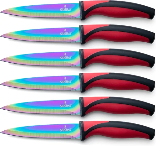 Vista 10 de SiliSlick Juego de cuchillos para carne de acero inoxidable, cuchillos de cocina coloridos con revestimiento de titanio con borde recto, suave