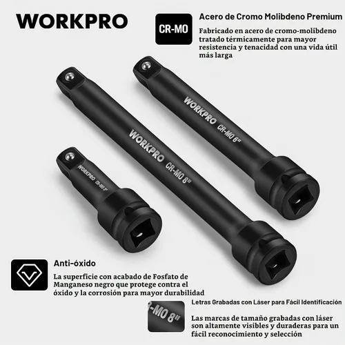 Vista 2 de WORKPRO Juego de barras de extensión de impacto de 1/2 pulgada, 3 piezas - 3, 6, 8 pulgadas de extensión de zócalo, acero CR-MO endurecido y tratado