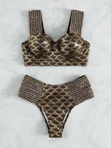 Vista 5 de WDIRARA Conjunto de bikini de 2 piezas con estampado metálico y tirantes anchos para mujer