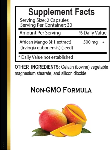 Vista 5 de Suplemento de extracto de mango africano, Irvingia Gabonensis, 60 cápsulas