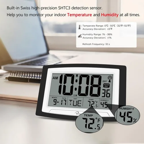 Vista 4 de WallarGe Reloj atómico de 12,5 pulgadas con temperatura y humedad Reloj digital de pared o escritorio con pilas, DST automático, pantalla grande