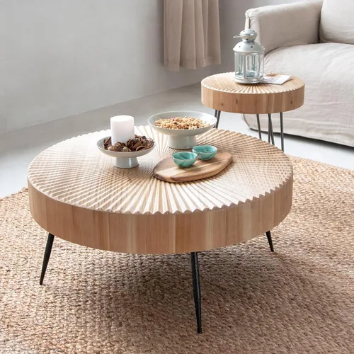 Vista 6 de Juego de mesa de centro estilo granja de 2 piezas, redonda con patrón radial de madera artesanal, juego de mesa de café moderna para sala de estar