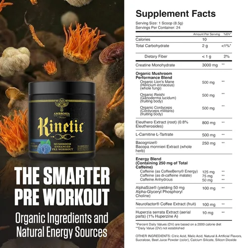 Vista 2 de Ambrosia Kinetic - Polvo orgánico para preentrenamiento Preentrenamiento natural mejorado con hongos Superalimento en polvo nootrópico