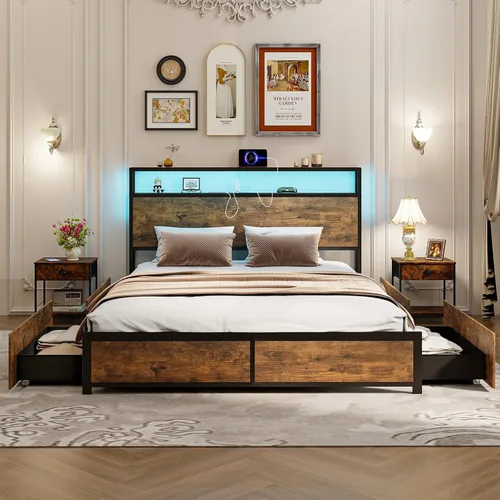Vista 12 de Giantex Base de cama matrimonial con cabecero de luces LED y 4 cajones de almacenamiento, plataforma de metal con tomas de corriente y puertos USB