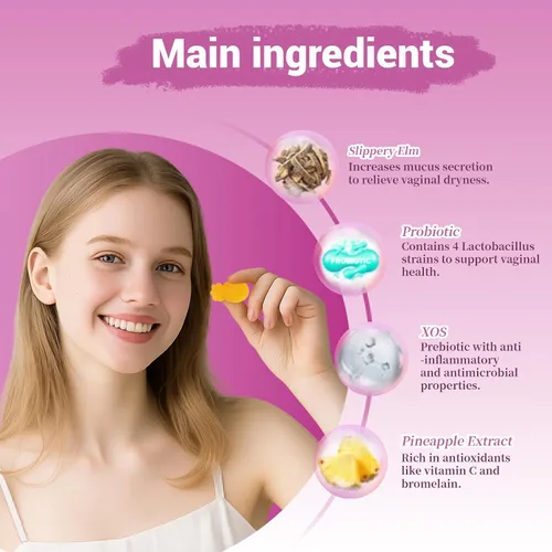 Vista 4 de Her Juicy - Gomitas de probióticos femeninos para mujeres, con prebióticos y olmo resbaladizo, promueve el equilibrio del pH, la salud intestinal