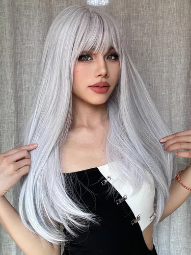 Vista 13 de Pelucas castañas para mujer, peluca larga y recta con flequillo, color marrón rojizo, cosplay, resistente al calor, peluca sintética de cobre rojo