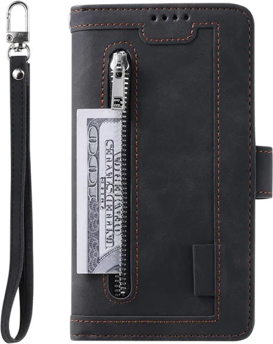 Vista 4 de UEEBAI Funda tipo cartera para iPhone 11 de 6.1 pulgadas, 9 ranuras para tarjetas retro con bolsillo con cremallera, cierre magnético, función atril
