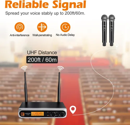 Vista 3 de Sistema de micrófono inalámbrico, frecuencia fija, micrófonos de mano UHF duales, alcance de 200 pies, Plug & Play, micrófono inalámbrico