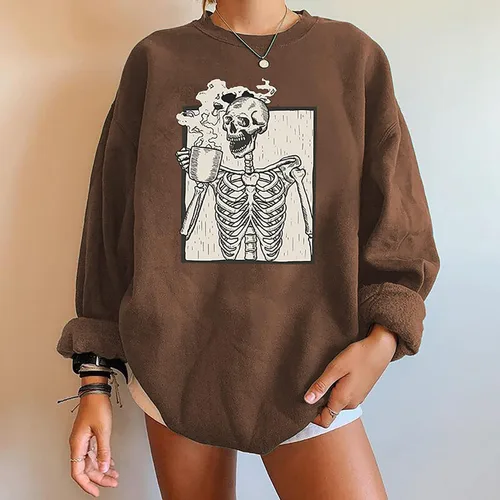Vista 3 de Meladyan - Sudadera de forro polar con estampado de calavera de Halloween de gran tamaño, cuello redondo, manga larga, hombros caídos