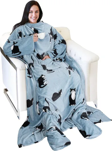 Vista 21 de Catalonia - Manta de vestir de vellón con mangas y compartimientos para los pies, para mujeres y hombres, manta de microfelpa cómoda y envolvente
