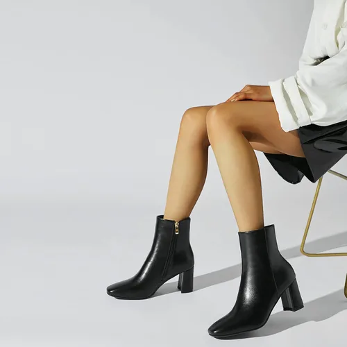 Vista 5 de Botines de tacón grueso con punta cuadrada para mujer, botines de tacón alto Go Go con cremallera lateral