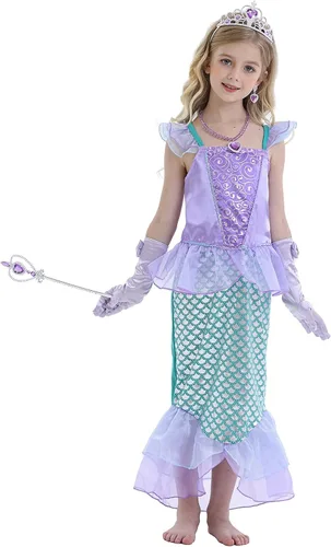 Vista 2 de AmzBarley Trajes de sirena para niñas, disfraz de princesa, fiesta de cumpleaños, Halloween, sirena con accesorios