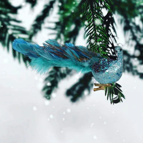Vista 6 de Adornos de Navidad de pavo real de 12 pulgadas, elegante pájaro de pavo real azul verde azulado decorativo con cola de plumas en clip, adorno de 1