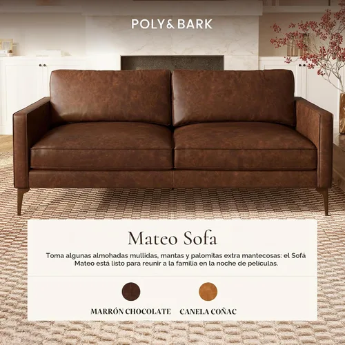 Vista 3 de POLY & BARK Mateo 82” Sofá – Cuero italiano de grano completo y acabado de anilina en color chocolate marrón, cojines de plumón, estructura