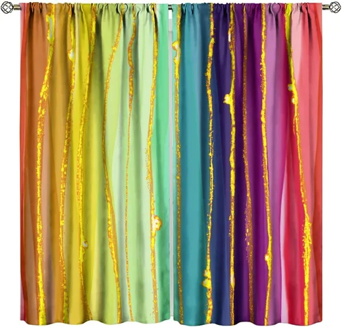 Vista 16 de Cortinas opacas abstractas de arco iris, pintura de color arcoíris con gotas, diseño gráfico creativo con bolsillo para barra, para sala de estar
