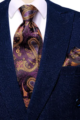 Vista 69 de Hi-Tie Corbatas de seda para hombre, diseño de cachemira a rayas, con bolsillo, gemelos cuadrados, conjunto formal de negocios