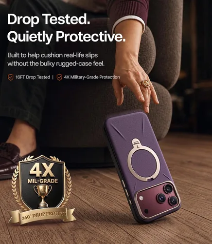 Vista 6 de TORRAS Funda de cuero para iPhone 18 Pro Max, soporte magnético 360, morado Morado borgoña.