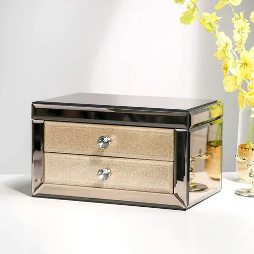 Vista 5 de XINOSA Joyero de cristal de lujo con espejo de maquillaje, organizador de almacenamiento de joyas, joyero, joyero, organizador