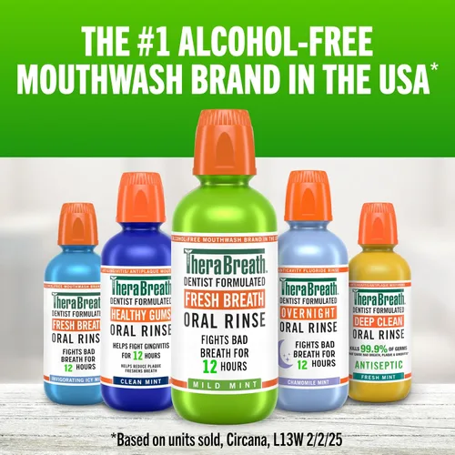 Vista 6 de TheraBreath Enjuague bucal Fresh Breath, menta suave, sin alcohol, 1 litro Formulado por dentistas, sin alcohol, combate el mal aliento