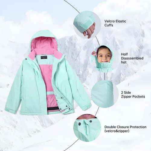 Vista 59 de Chaqueta de esquí impermeable para niñas, chaqueta de snowboard para exteriores, resistente al viento, con forro polar, abrigo de nieve cálido